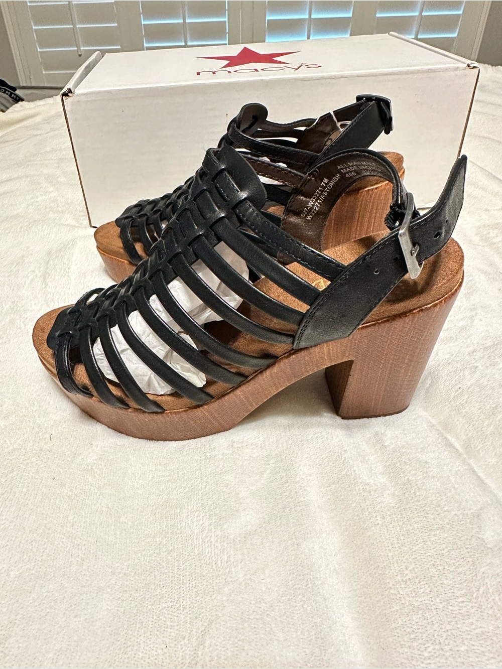 White Mountain Black Strappy Platform Sandal with Wood-Look Heel